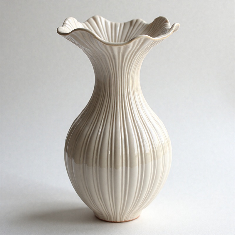 Light beige ceramic vase with wide curved rim and vertical pleats — decorative flower vase