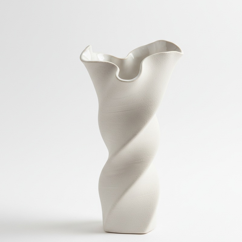 White twisted ceramic vase with wave rim and matte texture — modern decorative flower vase