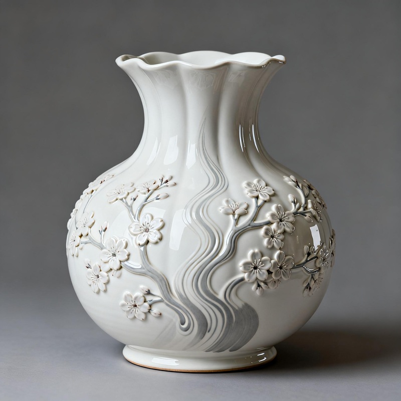 White gradient ceramic vase with white sakura relief and wave rim — gentle home decor vase